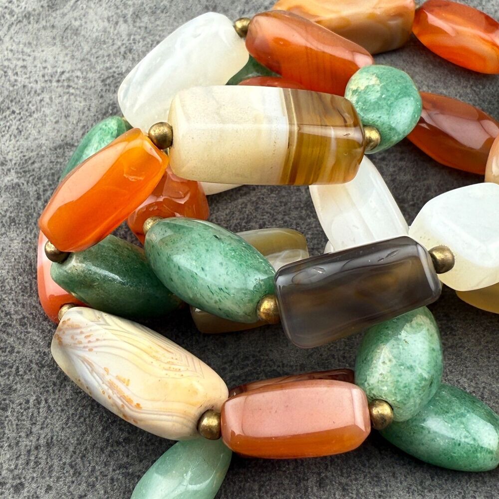 Vintage Mixed Agate Stone Natural Gemstone Bead Necklace 17" L Boho Earth-tones